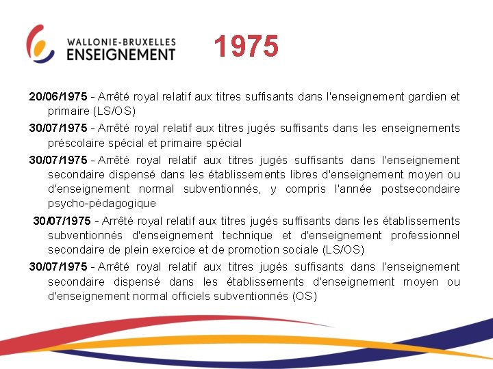 1975 20/06/1975 - Arrêté royal relatif aux titres suffisants dans l'enseignement gardien et primaire 1975 20/06/1975 - Arrêté royal relatif aux titres suffisants dans l'enseignement gardien et primaire