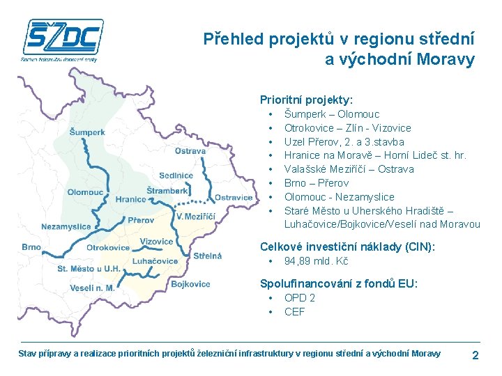 Přehled projektů v regionu střední a východní Moravy Prioritní projekty: • Šumperk – Olomouc