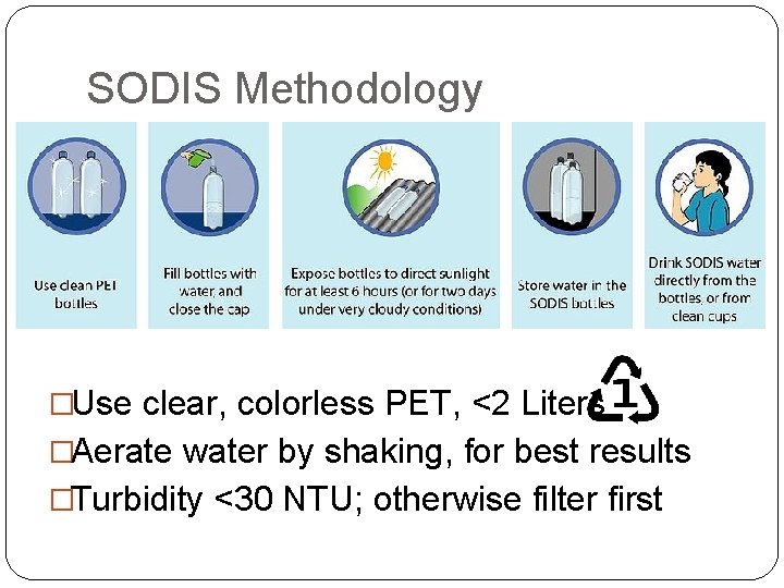 SODIS Methodology �Use clear, colorless PET, <2 Liters �Aerate water by shaking, for best