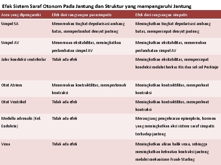 Efek Sistem Saraf Otonom Pada Jantung dan Struktur yang mempengaruhi Jantung Area yang dipengaruhi