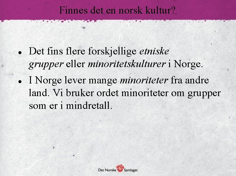 Finnes det en norsk kultur? Det fins flere forskjellige etniske grupper eller minoritetskulturer i
