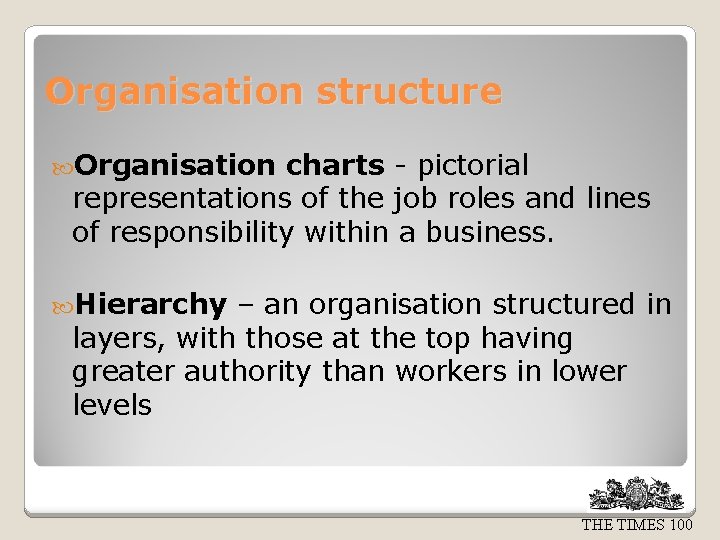 Organisation structure Organisation charts - pictorial representations of the job roles and lines of