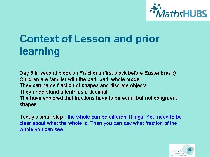 Context of Lesson and prior learning Day 5 in second block on Fractions (first