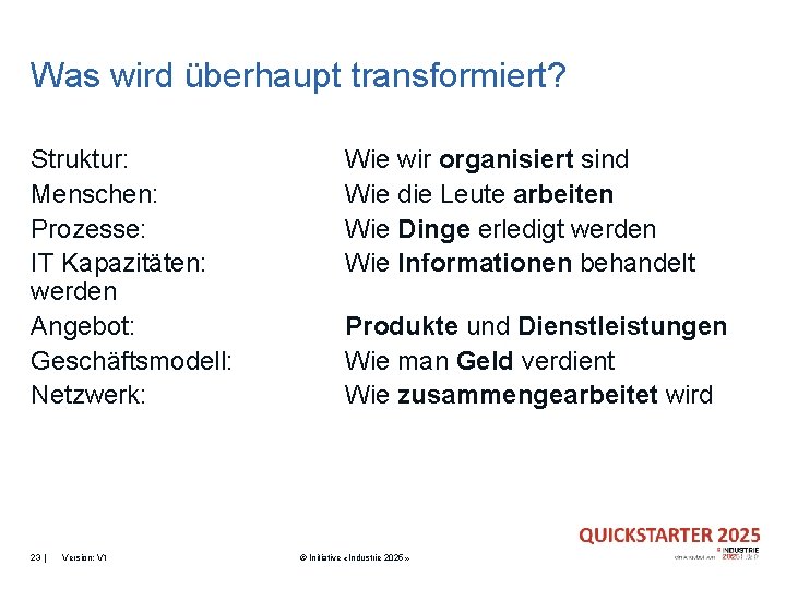 Was wird überhaupt transformiert? Struktur: Menschen: Prozesse: IT Kapazitäten: werden Angebot: Geschäftsmodell: Netzwerk: 23