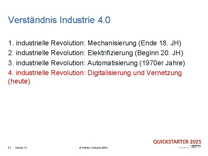 Verständnis Industrie 4. 0 1. industrielle Revolution: Mechanisierung (Ende 18. JH) 2. industrielle Revolution: