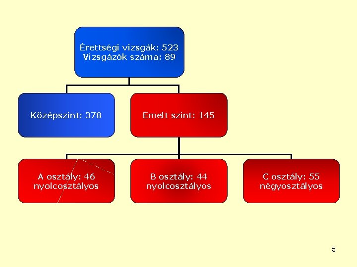 Érettségi vizsgák: 523 Vizsgázók száma: 89 Középszint: 378 Emelt szint: 145 A osztály: 46