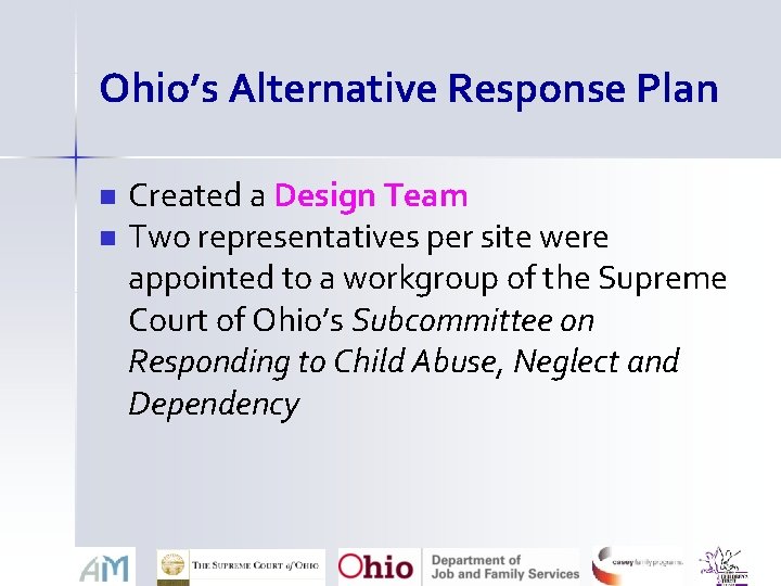 Ohio’s Alternative Response Plan n n Created a Design Team Two representatives per site