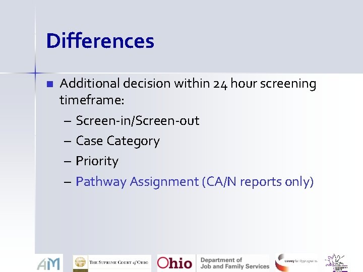 Differences n Additional decision within 24 hour screening timeframe: – Screen-in/Screen-out – Case Category