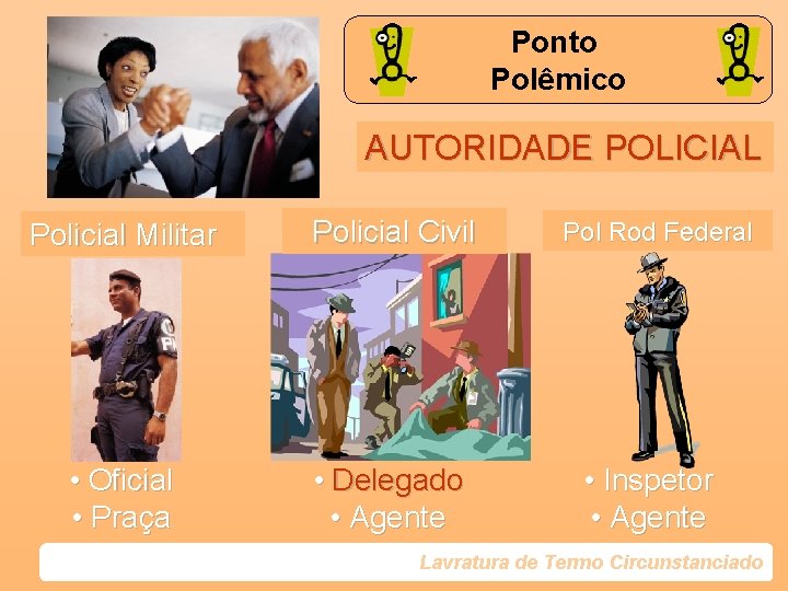 Ponto Polêmico AUTORIDADE POLICIAL Policial Militar Policial Civil • Oficial • Praça • Delegado