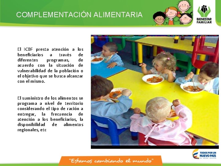 COMPLEMENTACIÓN ALIMENTARIA El ICBF presta atención a los beneficiarios a través de diferentes programas,