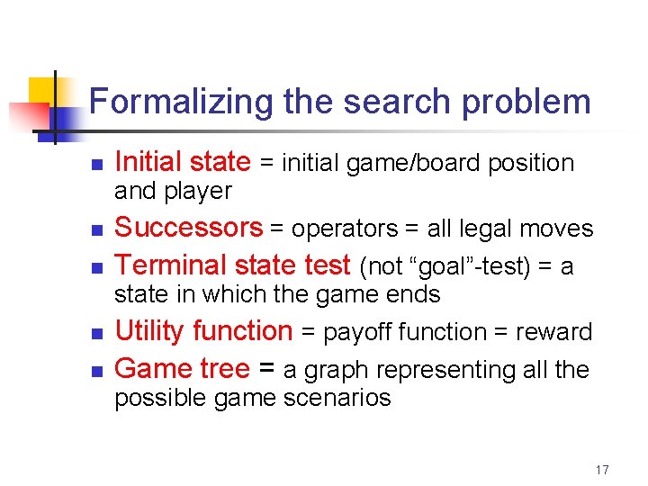 Formalizing the search problem n Initial state = initial game/board position and player n