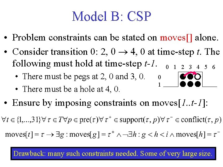 Model B: CSP • Problem constraints can be stated on moves[] alone. • Consider