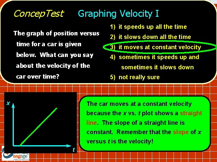 Concep. Test Graphing Velocity I The graph of position versus 1) it speeds up Concep. Test Graphing Velocity I The graph of position versus 1) it speeds up