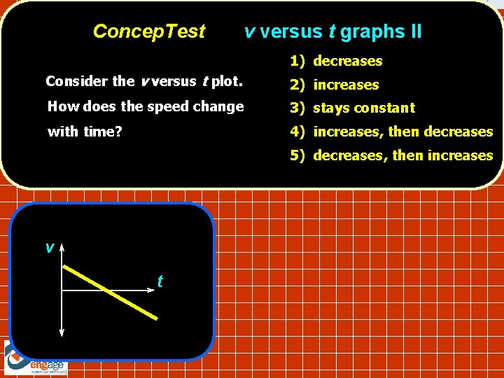 Concep. Test v versus t graphs II 1) decreases Consider the v versus t Concep. Test v versus t graphs II 1) decreases Consider the v versus t