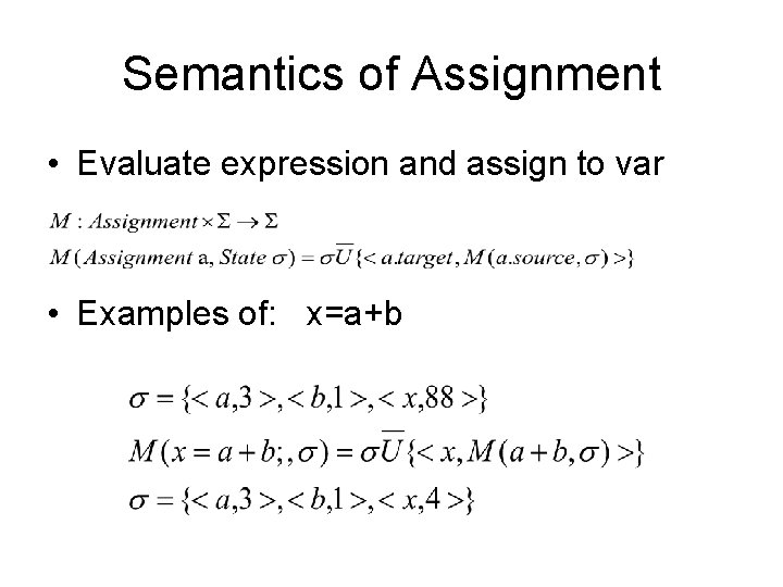 Semantics of Assignment • Evaluate expression and assign to var • Examples of: x=a+b