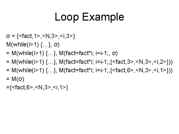 Loop Example σ = {<fact, 1>, <N, 3>, <i, 3>} M(while(i>1) {…}, σ) =