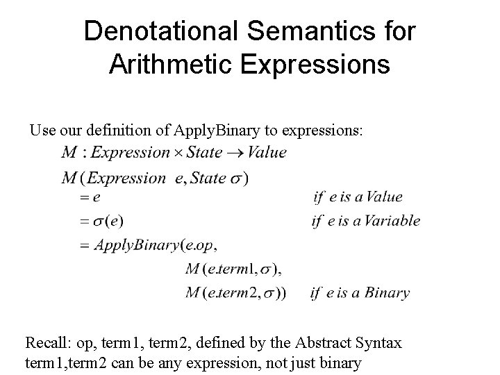 Denotational Semantics for Arithmetic Expressions Use our definition of Apply. Binary to expressions: Recall: