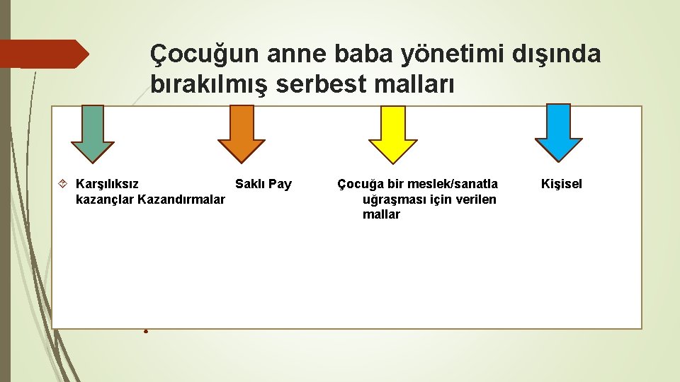 Çocuğun anne baba yönetimi dışında bırakılmış serbest malları Karşılıksız Saklı Pay kazançlar Kazandırmalar Çocuğa