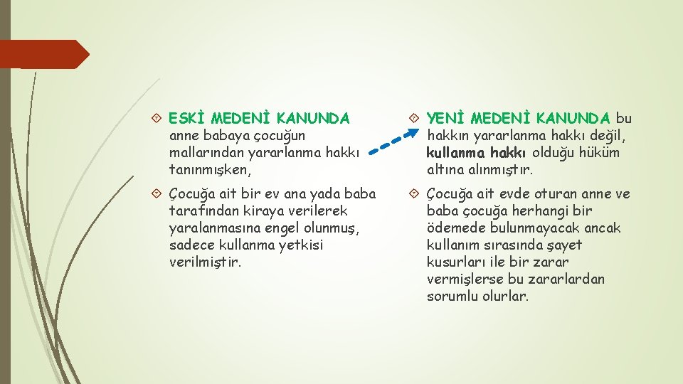  ESKİ MEDENİ KANUNDA anne babaya çocuğun mallarından yararlanma hakkı tanınmışken, YENİ MEDENİ KANUNDA