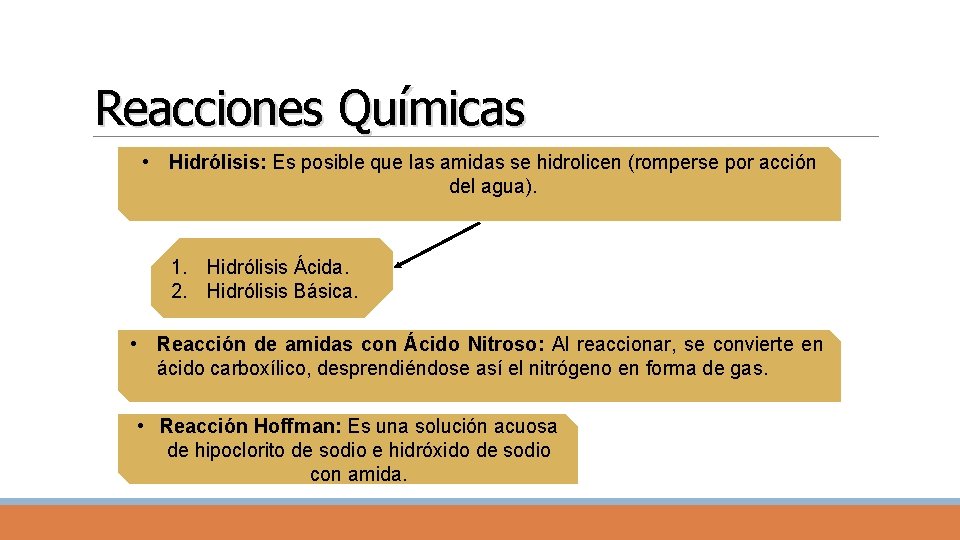 Reacciones Químicas • Hidrólisis: Es posible que las amidas se hidrolicen (romperse por acción