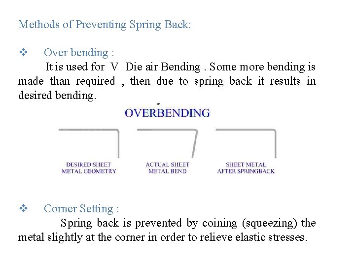 Methods of Preventing Spring Back: v Over bending : It is used for V