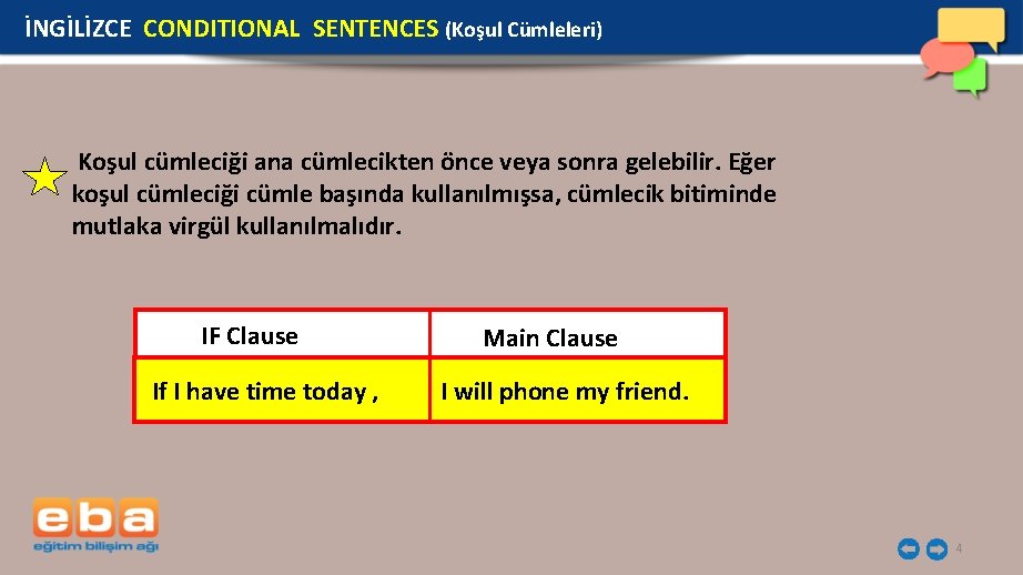 İNGİLİZCE CONDITIONAL SENTENCES (Koşul Cümleleri) Koşul cümleciği ana cümlecikten önce veya sonra gelebilir. Eğer İNGİLİZCE CONDITIONAL SENTENCES (Koşul Cümleleri) Koşul cümleciği ana cümlecikten önce veya sonra gelebilir. Eğer