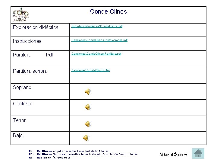 Conde Olinos Explotación didáctica Explotacion. DidacticaConde. Olinos. pdf Instrucciones CancionesConde. Olinos-Instrucciones. pdf Partitura Pdf Conde Olinos Explotación didáctica Explotacion. DidacticaConde. Olinos. pdf Instrucciones CancionesConde. Olinos-Instrucciones. pdf Partitura Pdf
