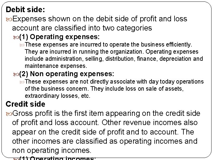 Debit side: Expenses shown on the debit side of profit and loss account are