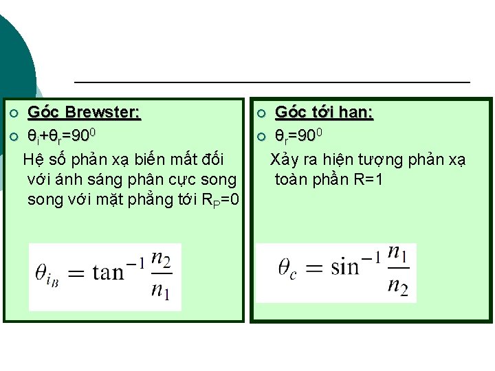 Góc Brewster: ¡ θi+θr=900 Hệ số phản xạ biến mất đối với ánh sáng