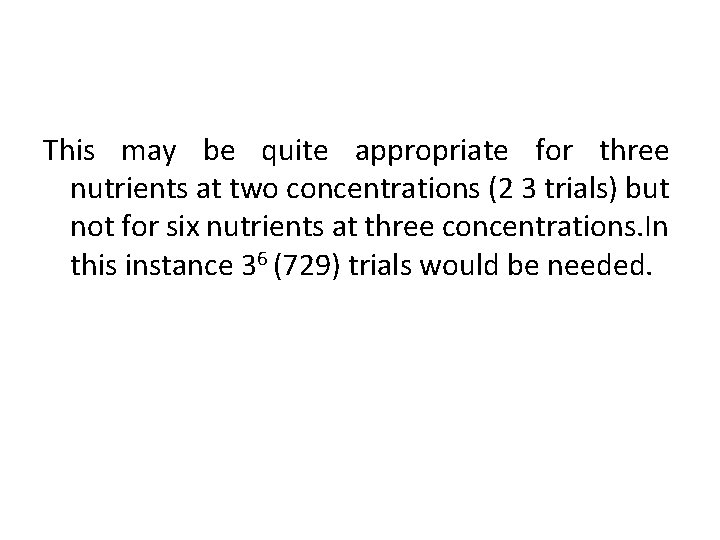 This may be quite appropriate for three nutrients at two concentrations (2 3 trials)