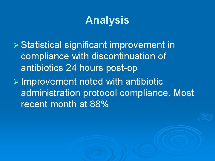Analysis Ø Statistical significant improvement in compliance with discontinuation of antibiotics 24 hours post-op
