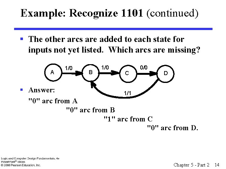 Example: Recognize 1101 (continued) § The other arcs are added to each state for