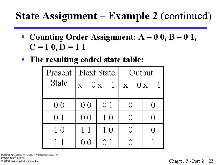 State Assignment – Example 2 (continued) § Counting Order Assignment: A = 0 0,