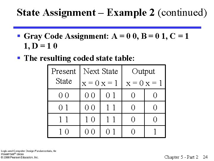 State Assignment – Example 2 (continued) § Gray Code Assignment: A = 0 0,