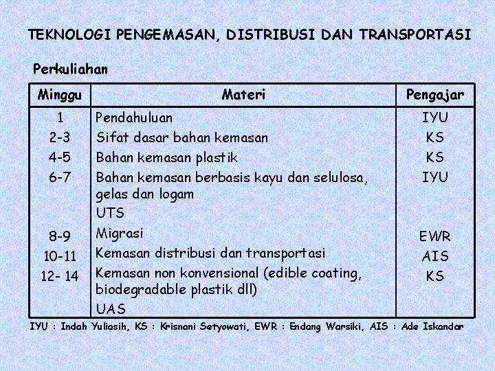 TEKNOLOGI PENGEMASAN, DISTRIBUSI DAN TRANSPORTASI Perkuliahan Minggu 1 2 -3 4 -5 6 -7