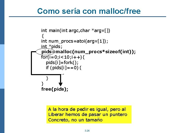 Como sería con malloc/free int main(int argc, char *argv[]) { int num_procs=atoi(argv[1]); int *pids;