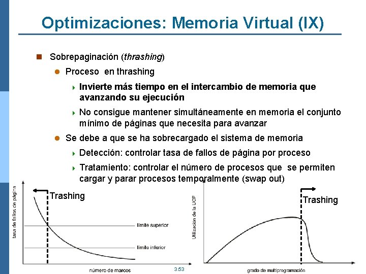 Optimizaciones: Memoria Virtual (IX) n Sobrepaginación (thrashing) l Proceso en thrashing 4 Invierte más