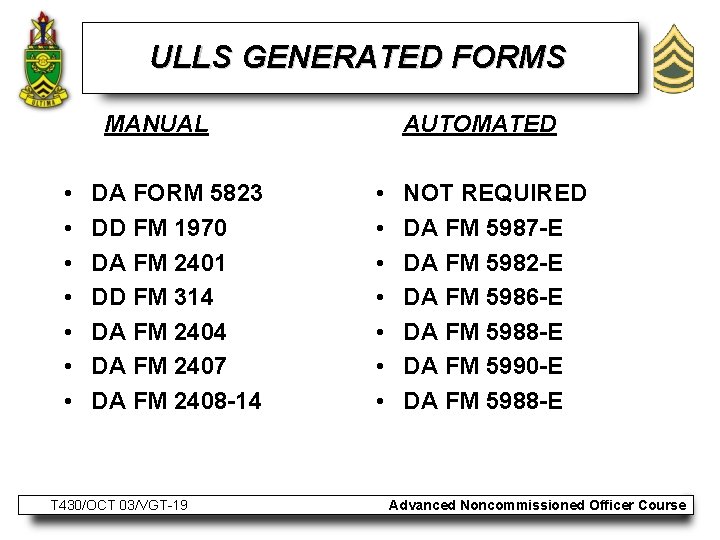 ULLS GENERATED FORMS MANUAL • • DA FORM 5823 DD FM 1970 DA FM
