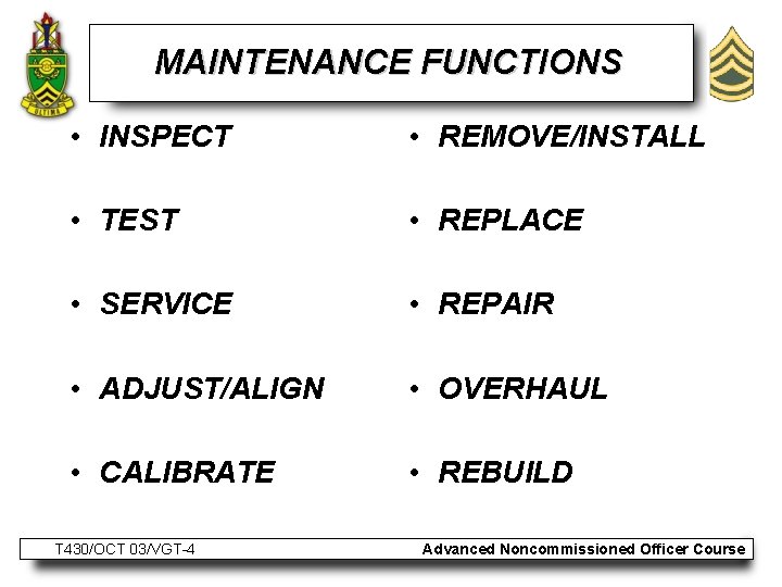 MAINTENANCE FUNCTIONS • INSPECT • REMOVE/INSTALL • TEST • REPLACE • SERVICE • REPAIR
