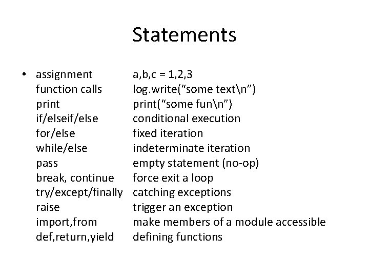 Statements • assignment function calls print if/else for/else while/else pass break, continue try/except/finally raise Statements • assignment function calls print if/else for/else while/else pass break, continue try/except/finally raise
