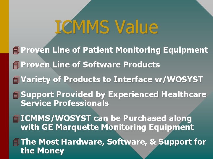 ICMMS Value 4 Proven Line of Patient Monitoring Equipment 4 Proven Line of Software