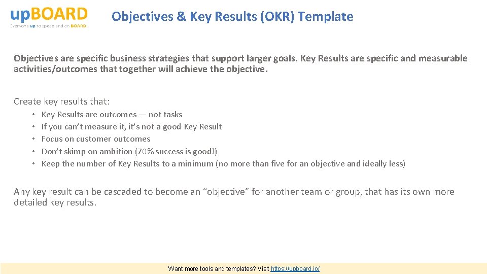 Objectives & Key Results (OKR) Template Objectives are specific business strategies that support larger