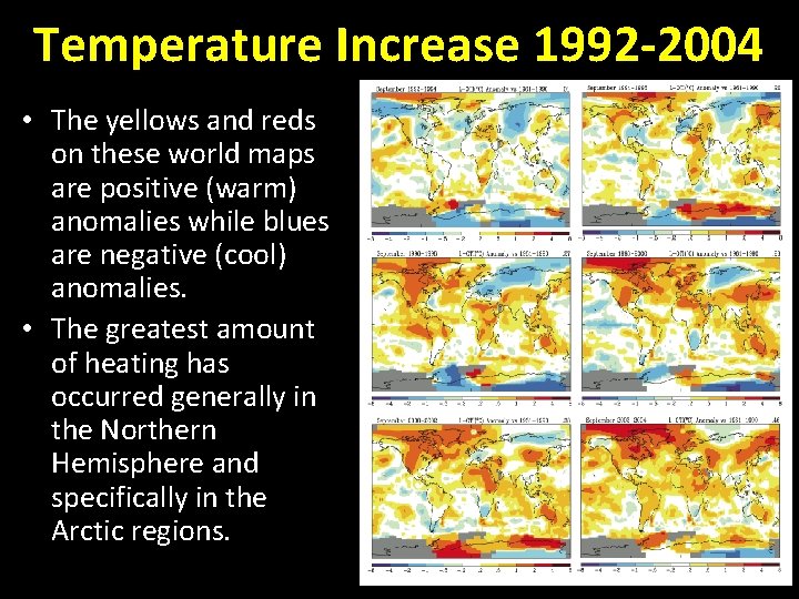 Temperature Increase 1992 -2004 • The yellows and reds on these world maps are