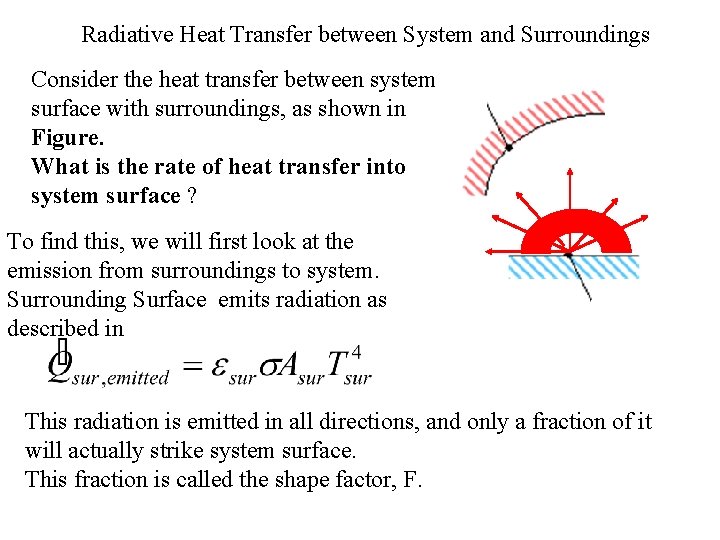 Radiative Heat Transfer between System and Surroundings Consider the heat transfer between system surface