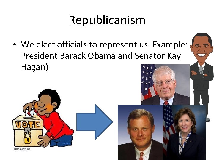 Republicanism • We elect officials to represent us. Example: President Barack Obama and Senator