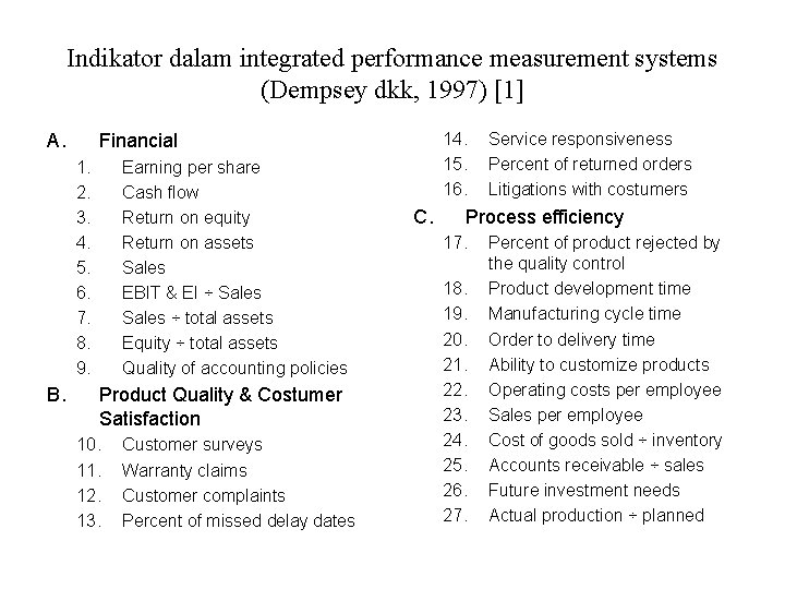 Indikator dalam integrated performance measurement systems (Dempsey dkk, 1997) [1] A. 1. 2. 3.