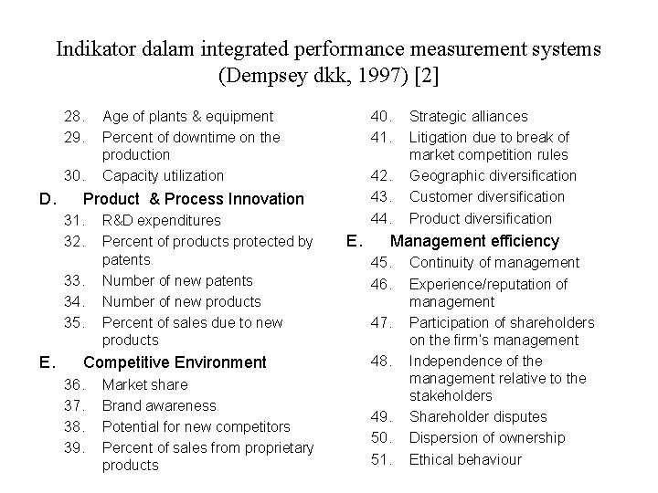 Indikator dalam integrated performance measurement systems (Dempsey dkk, 1997) [2] 28. 29. 30. D.