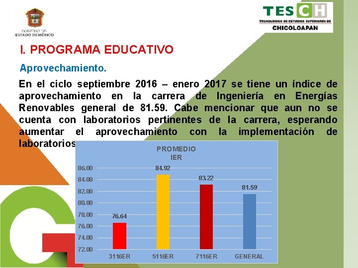 I. PROGRAMA EDUCATIVO Aprovechamiento. En el ciclo septiembre 2016 – enero 2017 se tiene