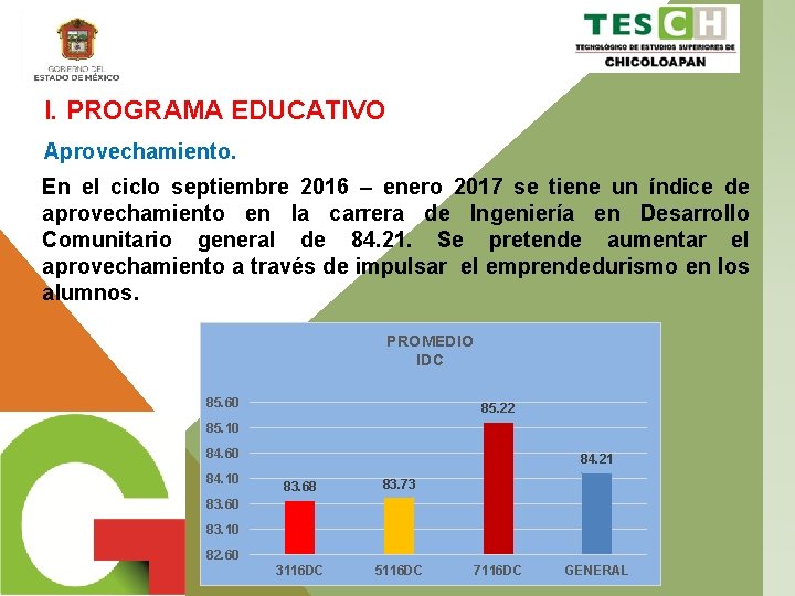 I. PROGRAMA EDUCATIVO Aprovechamiento. En el ciclo septiembre 2016 – enero 2017 se tiene