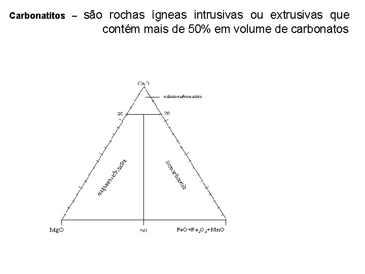 Carbonatitos – são rochas ígneas intrusivas ou extrusivas que contém mais de 50% em